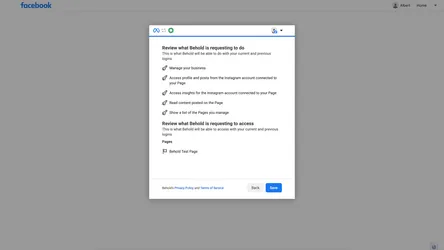 Facebook oAuth screen showing three sets of permissions with switches next to them