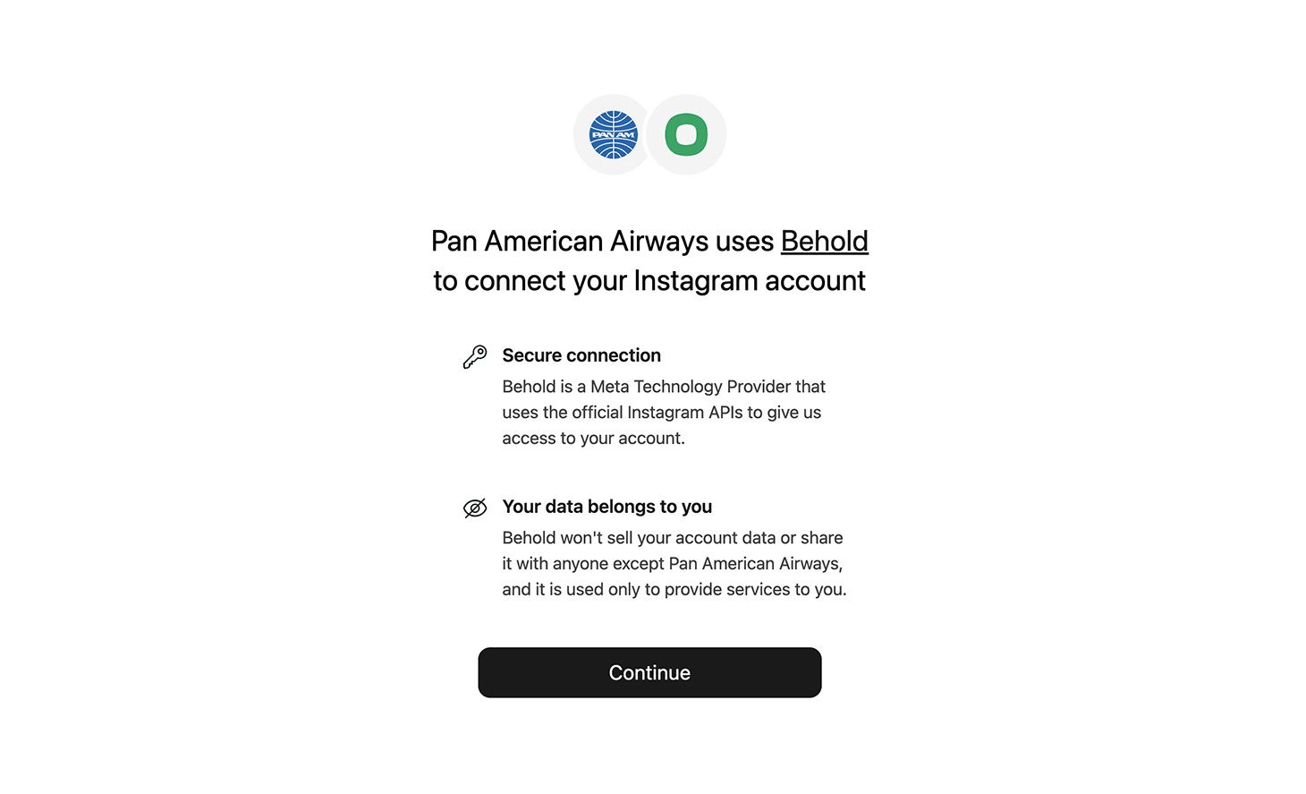 A screen showing an example company logo next to the Behold logo, followed by text confirming that user data will be kept private