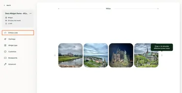 The behold feed detail screen showing a sidebar with multiple links. The first link says "Embed code"