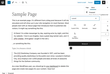 The wordpress gutenberg editor for a sample page